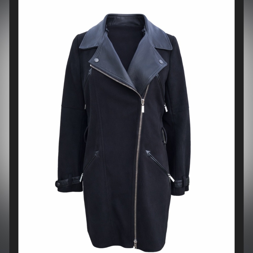 Barbour Black Wool Trench Coat Leather Collar Women's Size 4